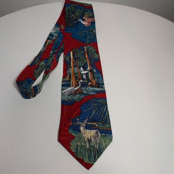 Vintage Florida Everglades Men's Silk Tie World Wildlife Fund Red 215 1993 Dad - Picture 2 of 6